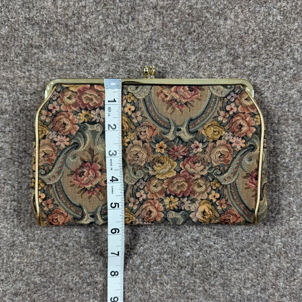 VTG Floral Tapestry Fabric Kiss Lock Clutch Hand Bag Purse Hide-able Chain Strap_11